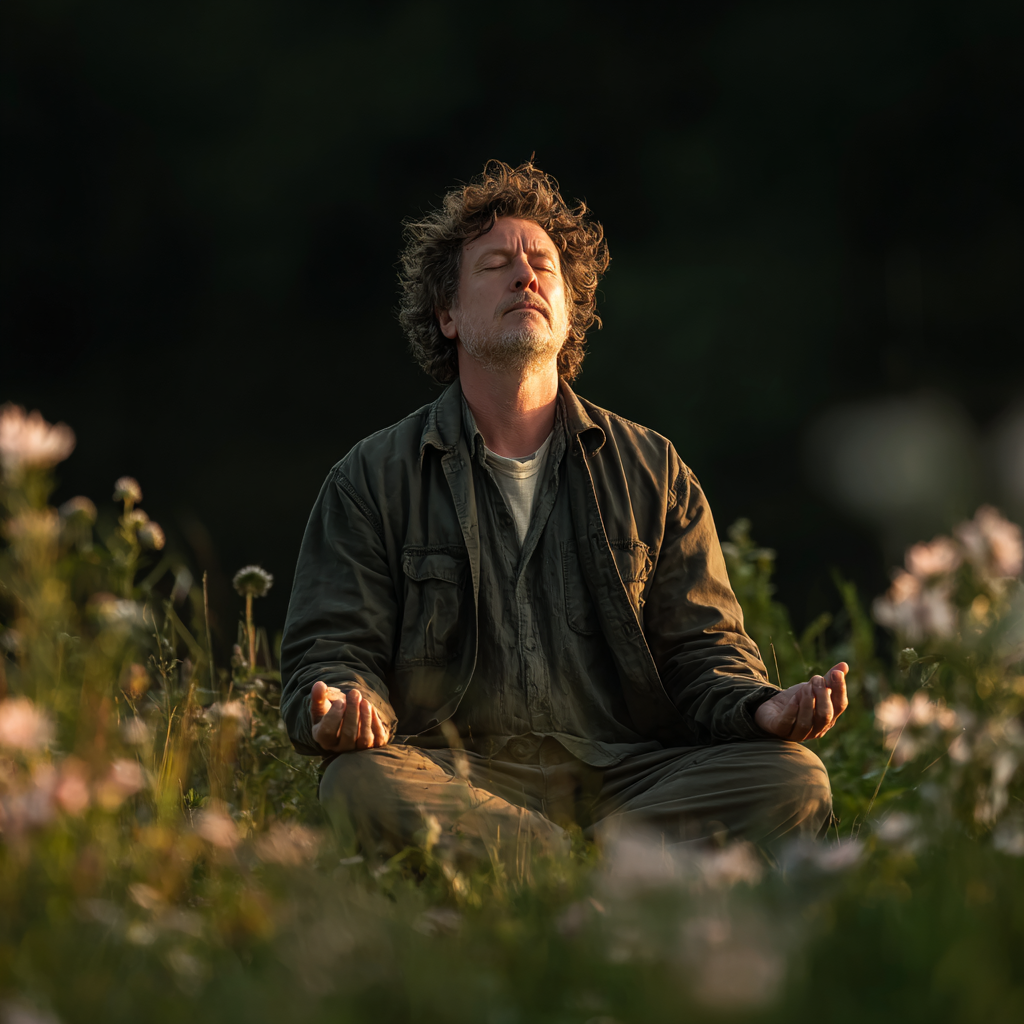 Hombre de 52 años meditando en posición de loto al aire libre, con los ojos cerrados y expresión pacífica, rodeado de naturaleza