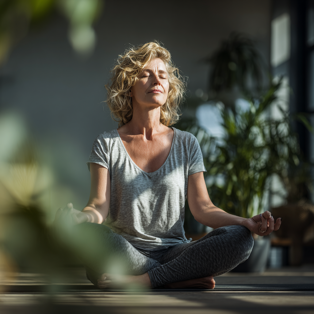 Mujer de 55 años practicando yoga en posición de loto con una sonrisa serena, rodeada de plantas y luz natural