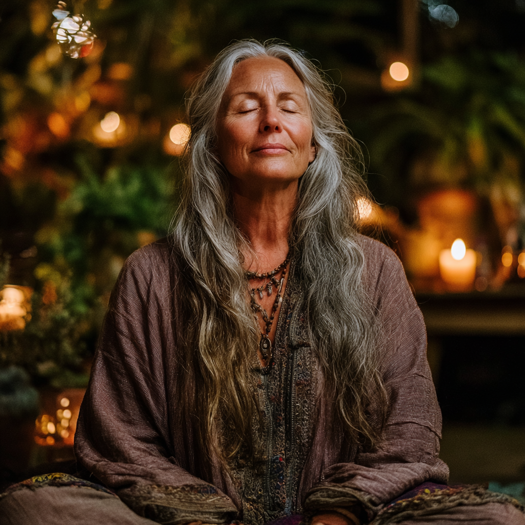 Mujer de 60 años sentada en posición de meditación con los ojos cerrados, respirando profundamente en un ambiente tranquilo con velas y plantas