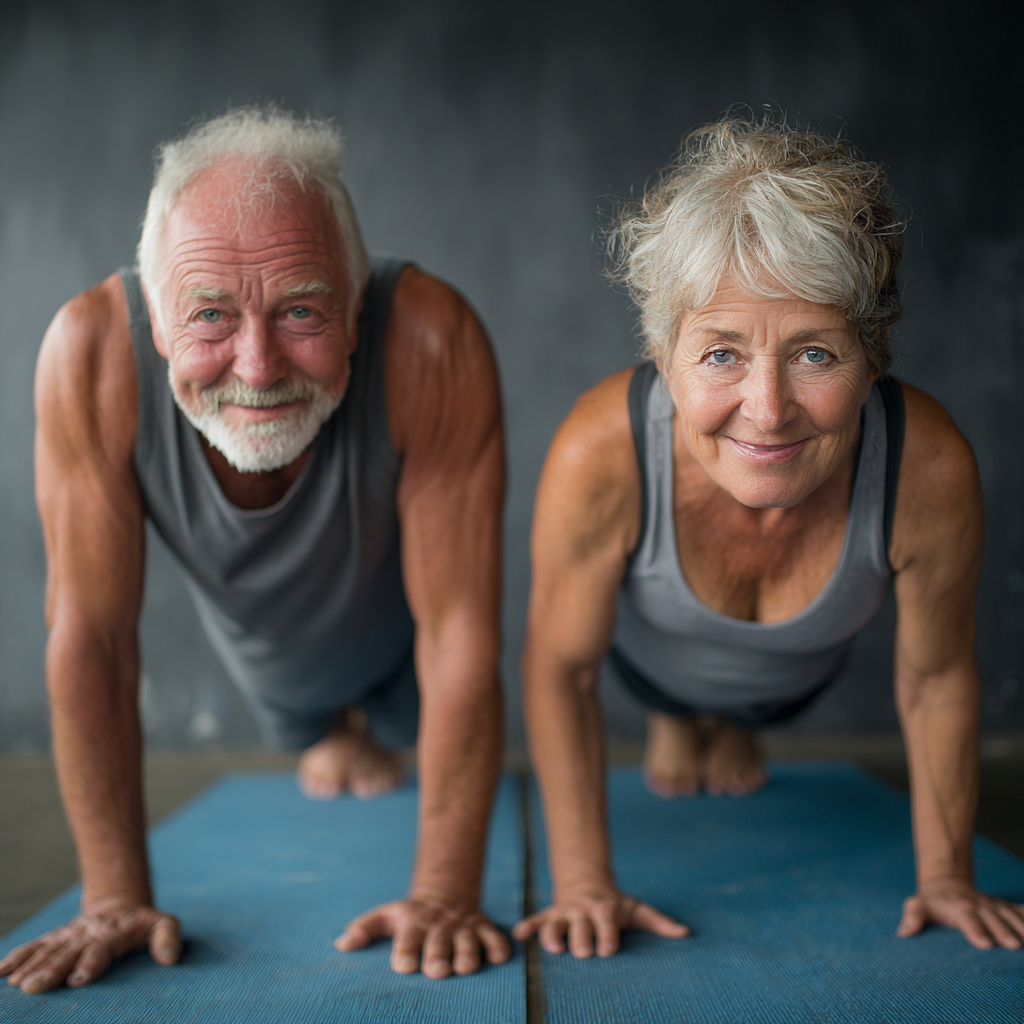Pareja de adultos mayores de 58 años practicando yoga básico en el suelo con esterillas azules, sonriendo mientras hacen una postura sencilla